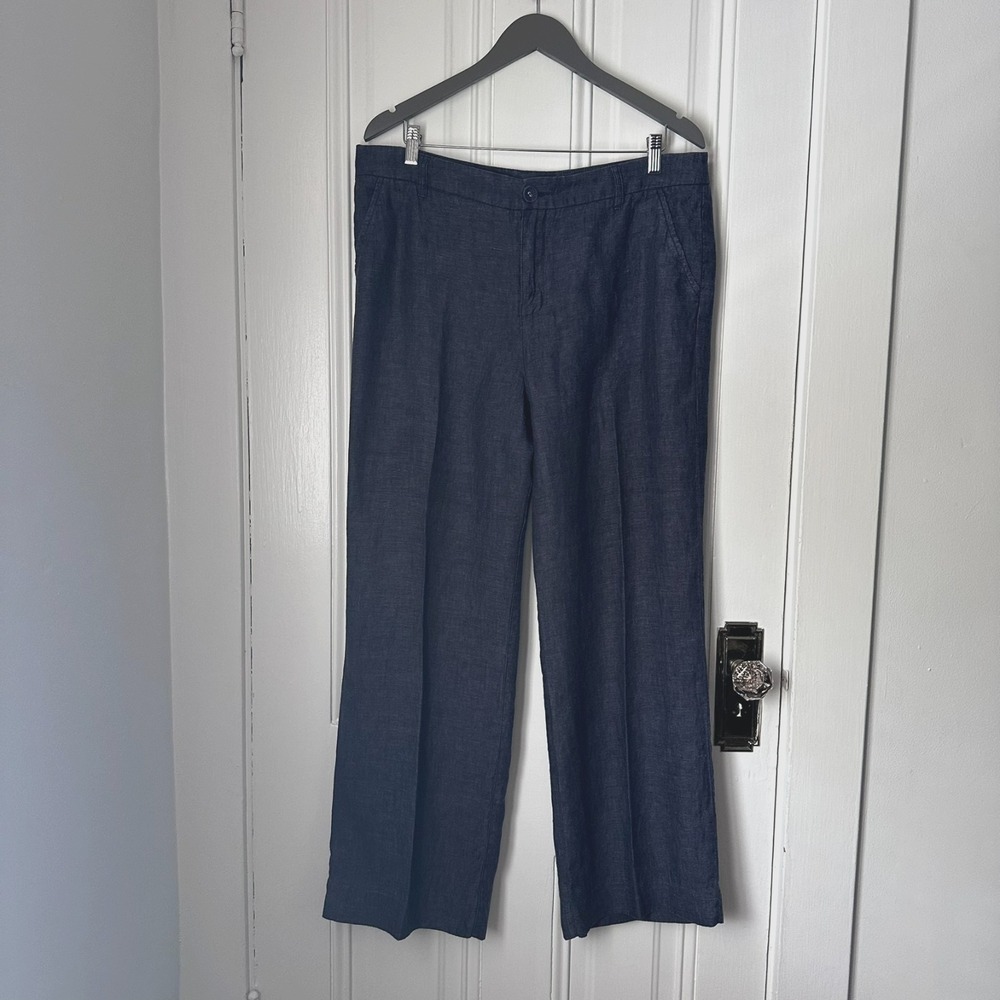 Garnet Hill Linen Pants Size 14 Navy Chambray Wide Leg Casual Coastal